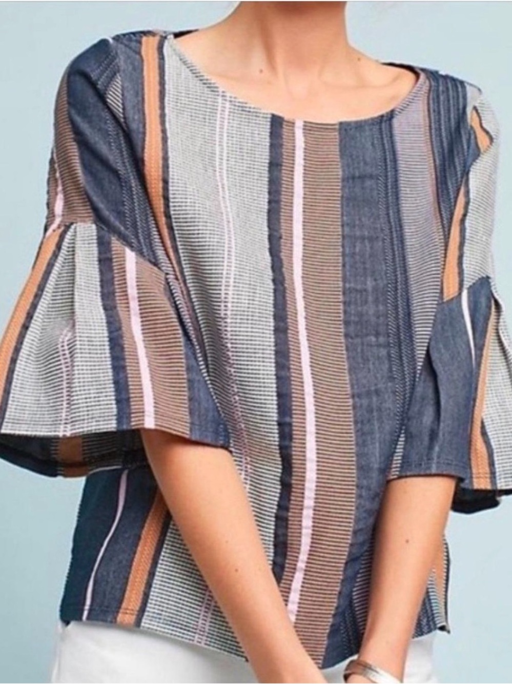 Anthropologie Dolan Striped Bell-Sleeve Top in Navy, Taupe & Pink Large